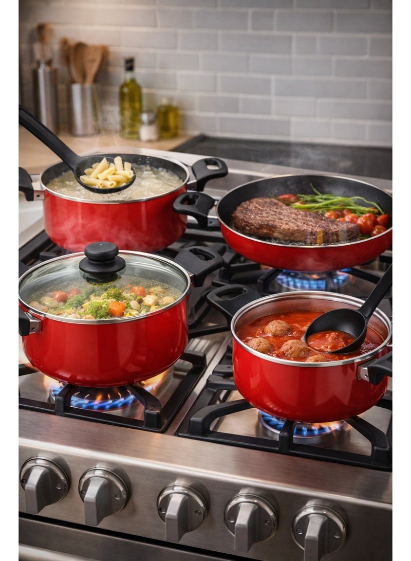PERFECT KITCHEN 7-PCS Non-Stick Cookware Set + 2 Kitchen Tools, Red & Black – 3 Casseroles + Sauce Pan + 3 Glass Lids, Induction Compatible Pots & Pans Set (20cm Casserole, 24cm Casserole, 18cm Sauce Pan) - Image 1